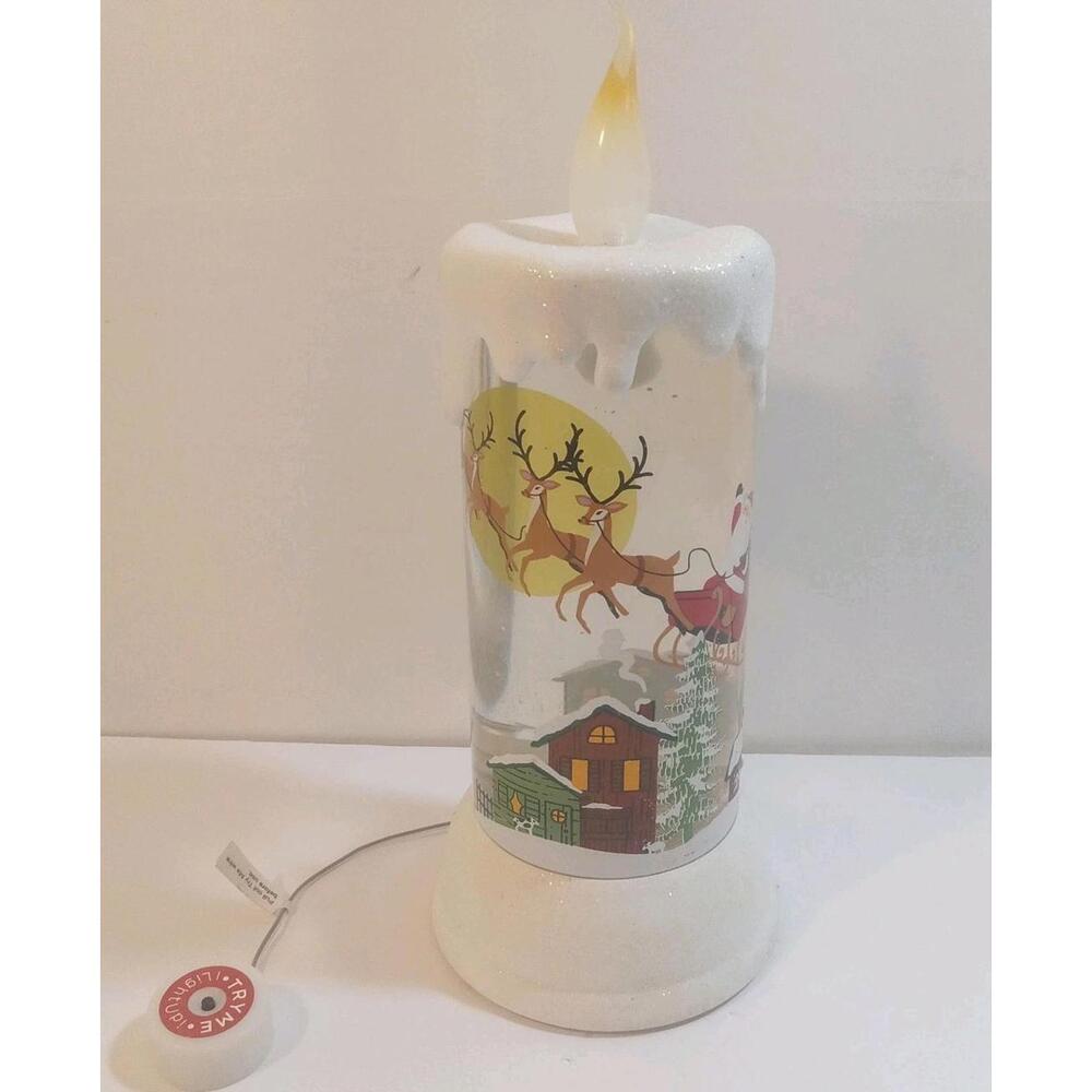 Candle Waterglobe LED Light Up White Multi Santa On Sleigh Reindeer Animation